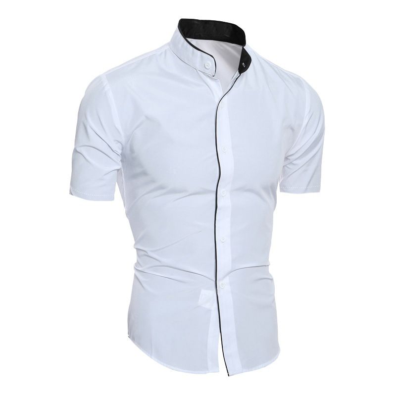 Trendy Men's Shirt Top Band Collar Short Sleeves Closure Button Up Regular Fit Solid Male Casual Shirt For Daily Summer, Men's Clothing
