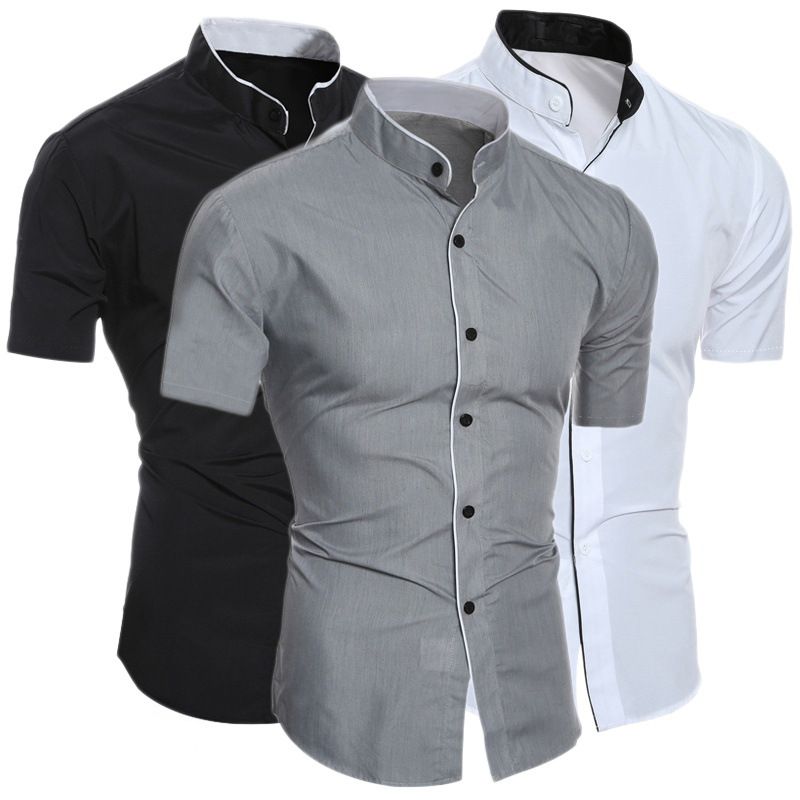 Trendy Men's Shirt Top Band Collar Short Sleeves Closure Button Up Regular Fit Solid Male Casual Shirt For Daily Summer, Men's Clothing