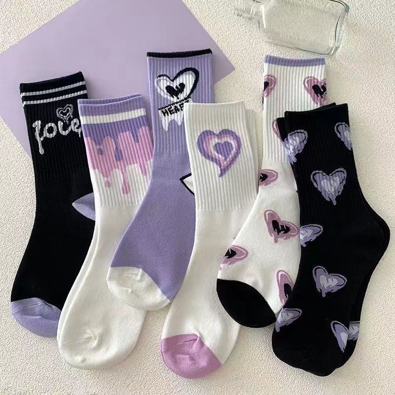 5Pairs Purple Love Versatile Women Socks Cartoon Breathable Cute Women Socks Set Sports Cotton Socks