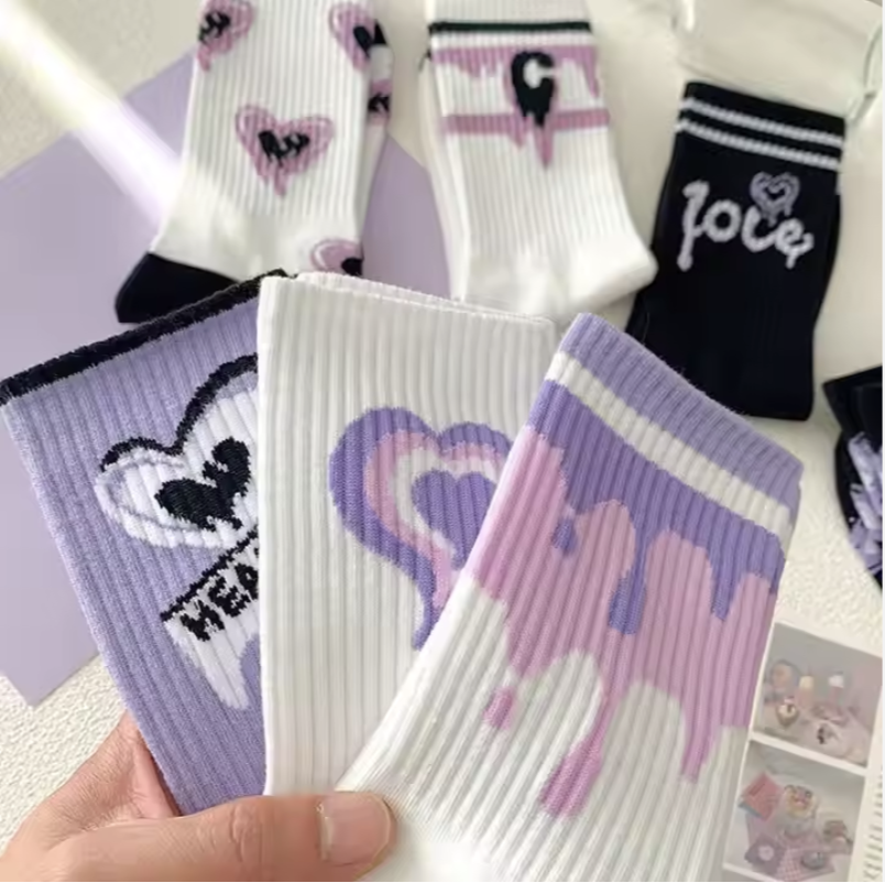 5Pairs Purple Love Versatile Women Socks Cartoon Breathable Cute Women Socks Set Sports Cotton Socks