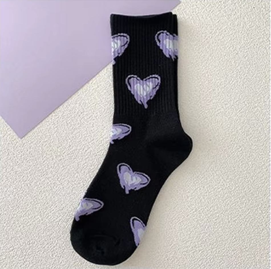 5Pairs Purple Love Versatile Women Socks Cartoon Breathable Cute Women Socks Set Sports Cotton Socks
