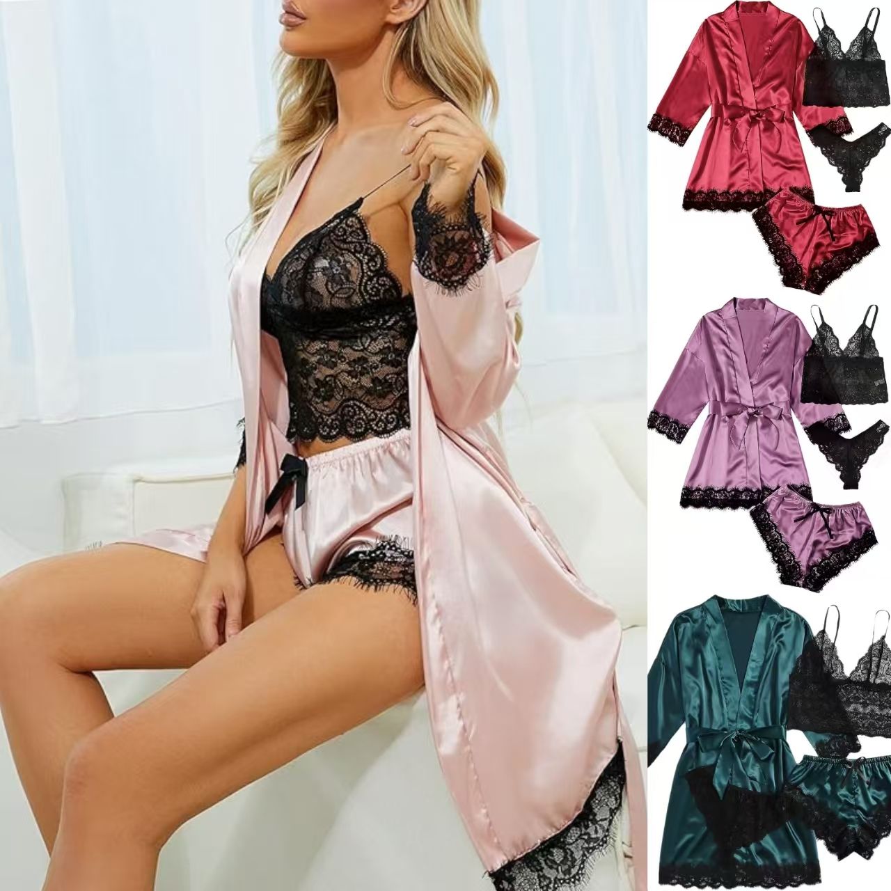 4PCS Lace Stitching Satin Women Pajama Set, Long Sleeve Robe With Belt & Floral Lace Cami Top & Panties & Shorts, women‘s night dressWomen's Sleepwear