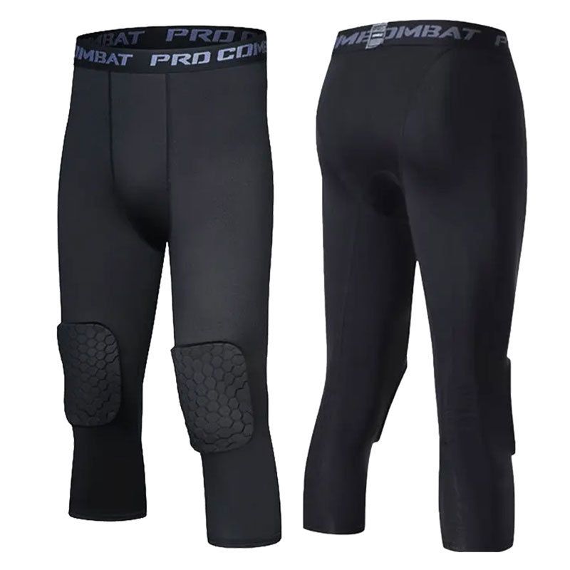 Men Basketball Leggings Pants with Knee Pads 3/4 Capri Compression Tights Pants Sports Athletic Baselayer Trouser Man