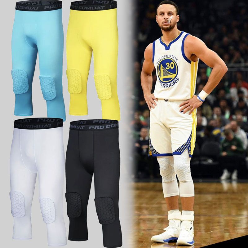 Men Basketball Leggings Pants with Knee Pads 3/4 Capri Compression Tights Pants Sports Athletic Baselayer Trouser Man