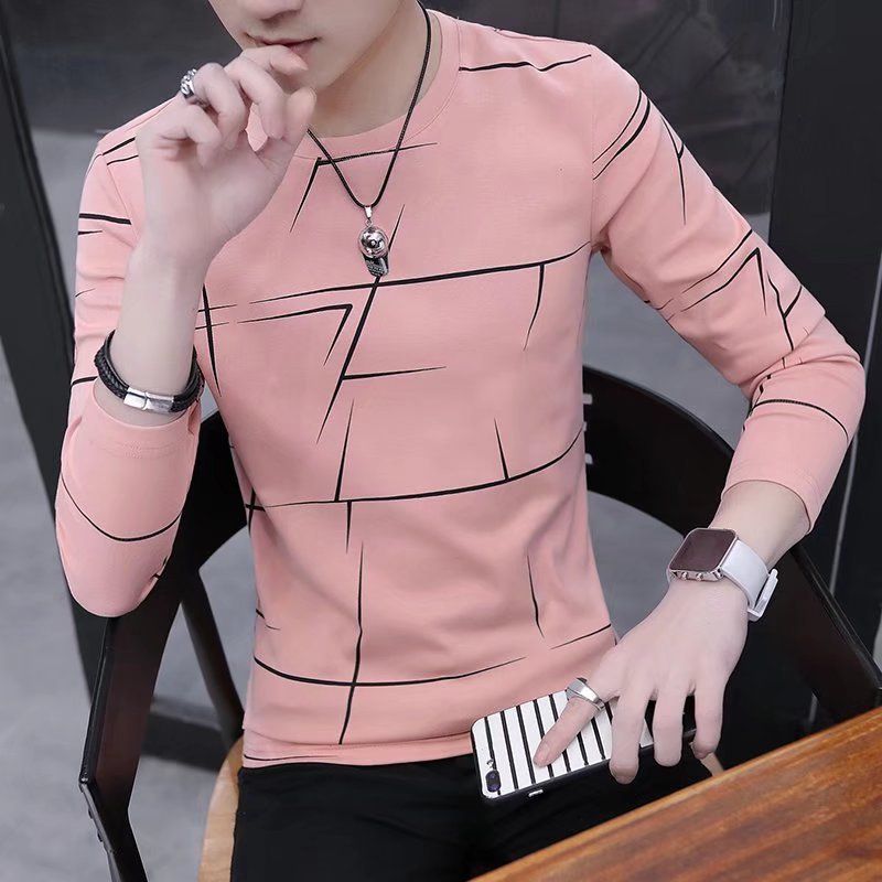 New Sports Shirt  Men's New Fashion Casual Striped Long Sleeved Round Neck Color T-Shirts Matching Bottom Top T-shirt