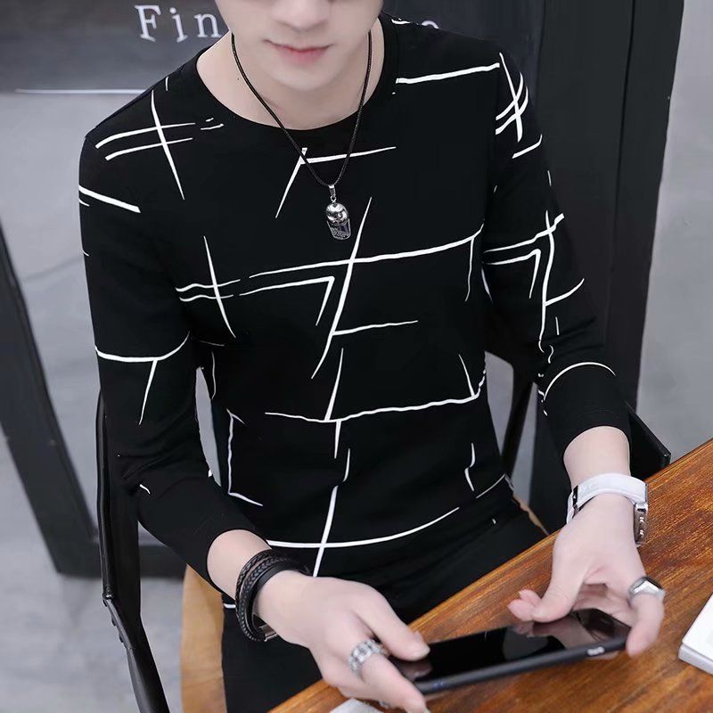 New Sports Shirt  Men's New Fashion Casual Striped Long Sleeved Round Neck Color T-Shirts Matching Bottom Top T-shirt