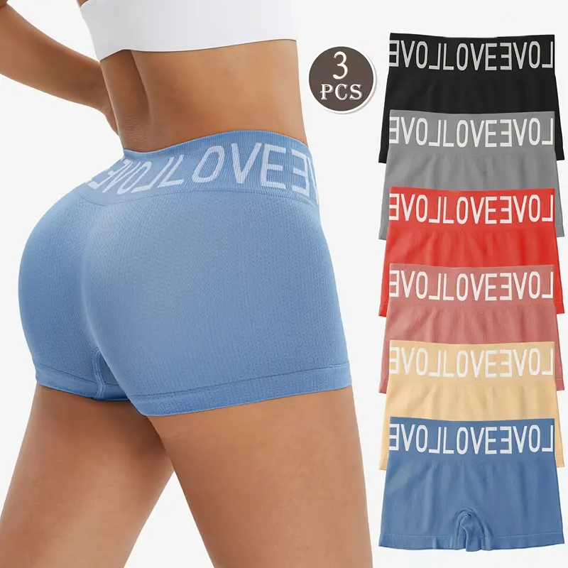 3pcs Women's Flat Leg Pants | Seamless High Waist and Lettered Head, Elastic Breathable Mesh Design Fabric, Comfortable Fit Soft Underwear