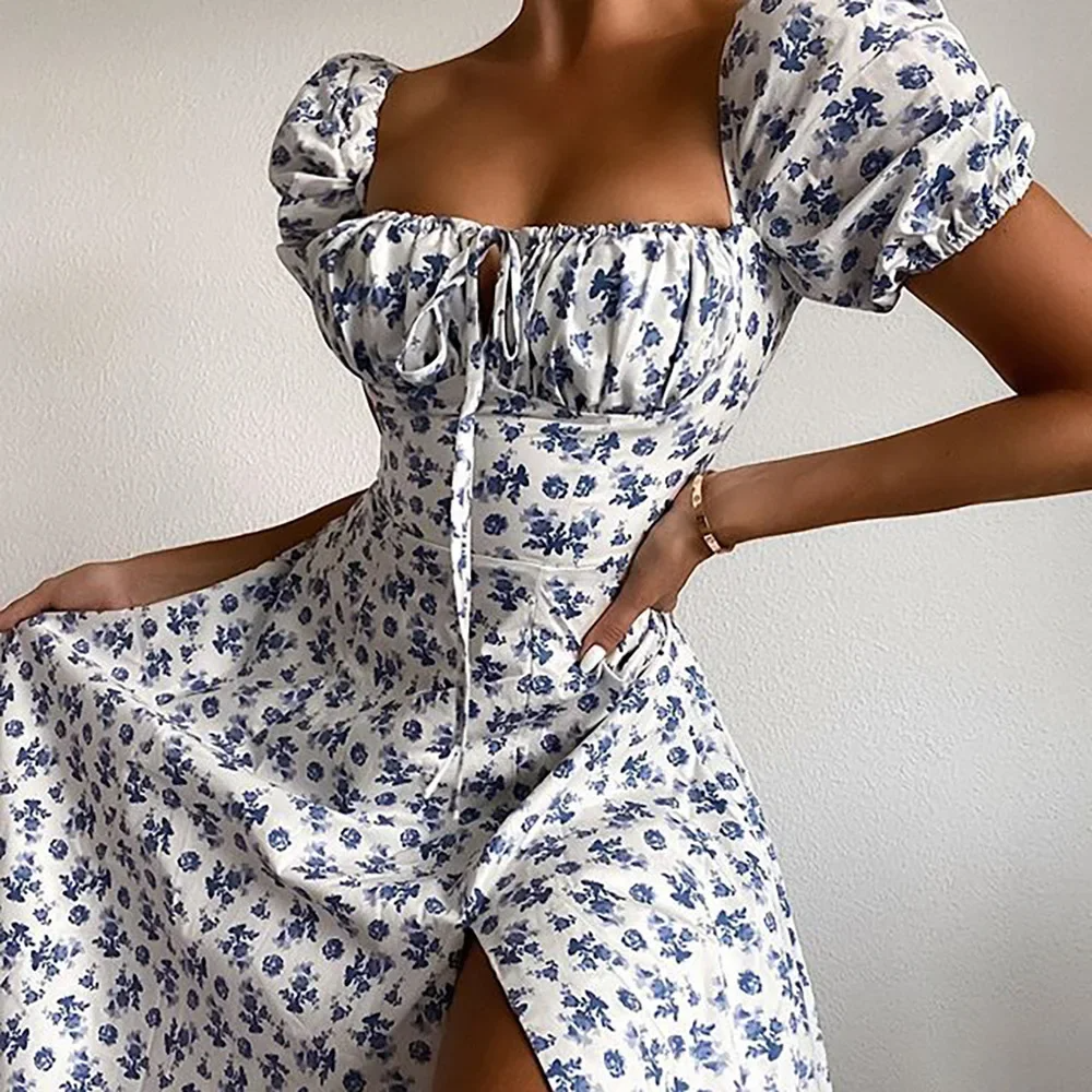 New Women's Floral Dress Slim Fit Lace-Up Side Slit Bohemian Style Ladies Dresses For Women