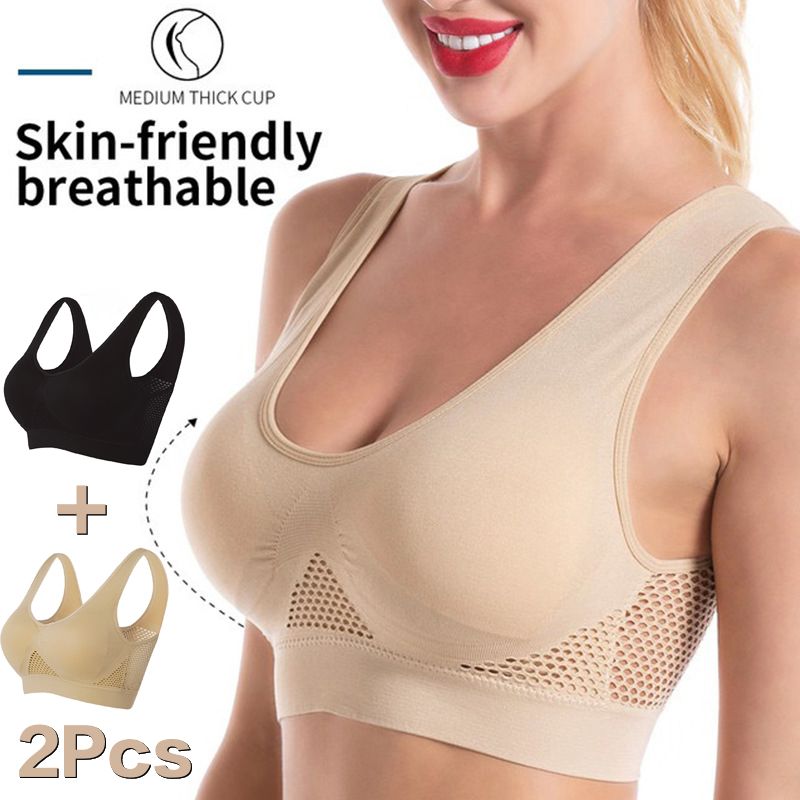 2 PCS Plus Size Sports Bras For Women Seamless Bra With Pads, Women's Plus Breathable High Stretch Solid Bra