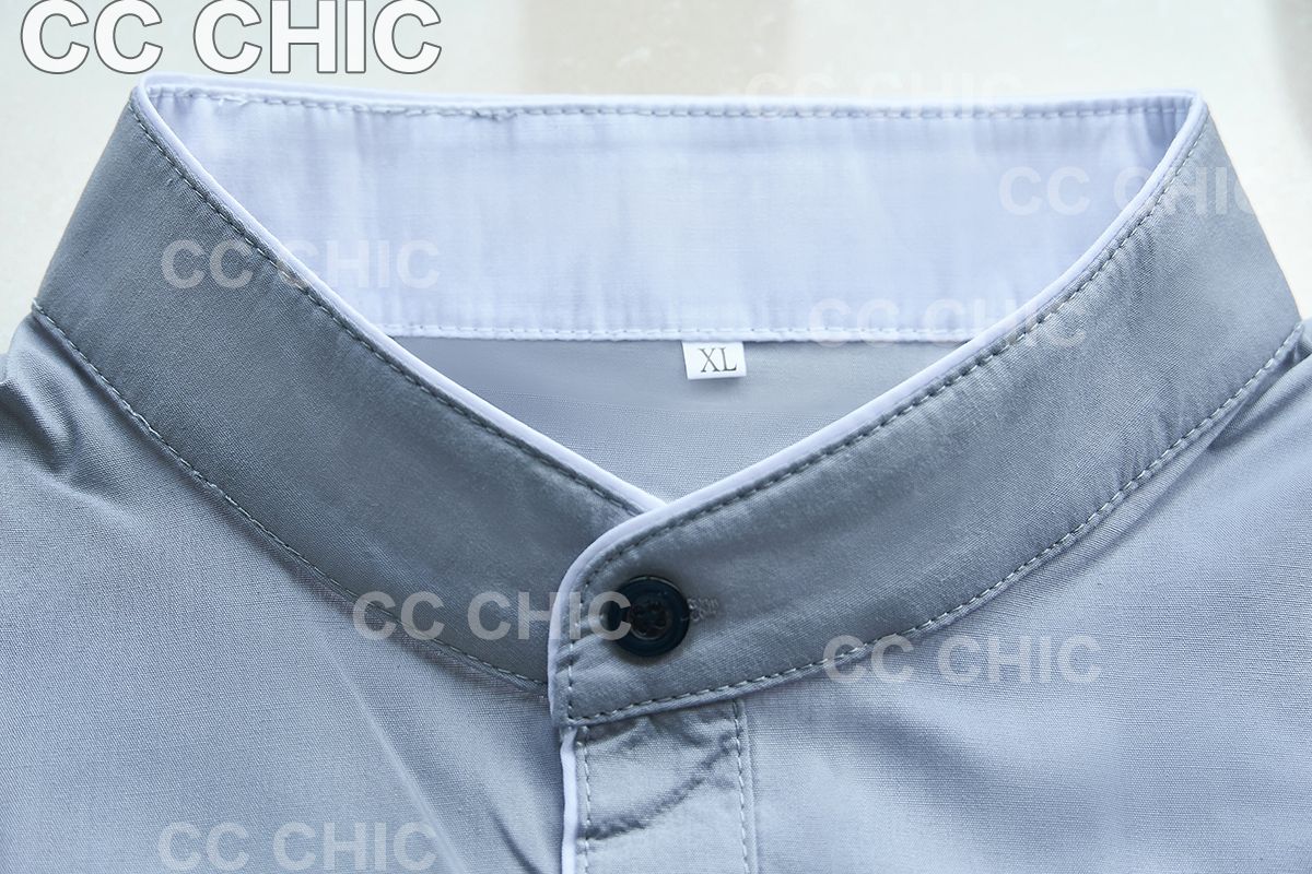 Trendy Men's Shirt Top Band Collar Short Sleeves Closure Button Up Regular Fit Solid Male Casual Shirt For Daily Summer, Men's Clothing