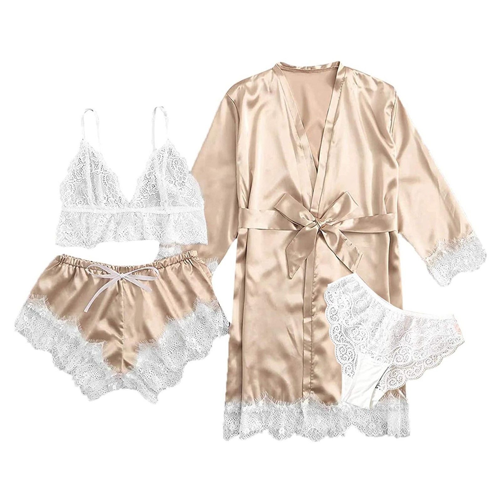 4PCS Lace Stitching Satin Women Pajama Set, Long Sleeve Robe With Belt & Floral Lace Cami Top & Panties & Shorts, women‘s night dressWomen's Sleepwear