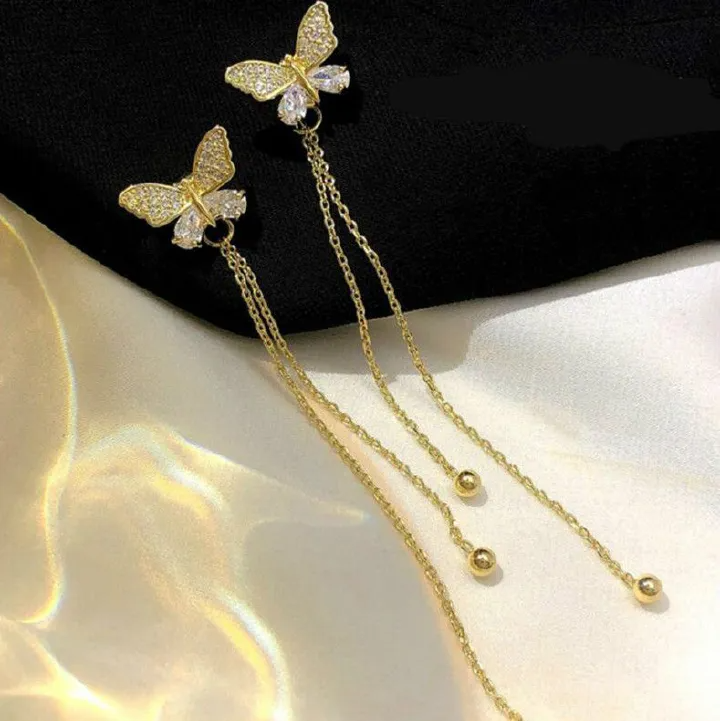 S925 Silver Needle A Two-wear Butterfly Earrings Super Fairy Tassel Long Earrings Summer Fresh Earrings