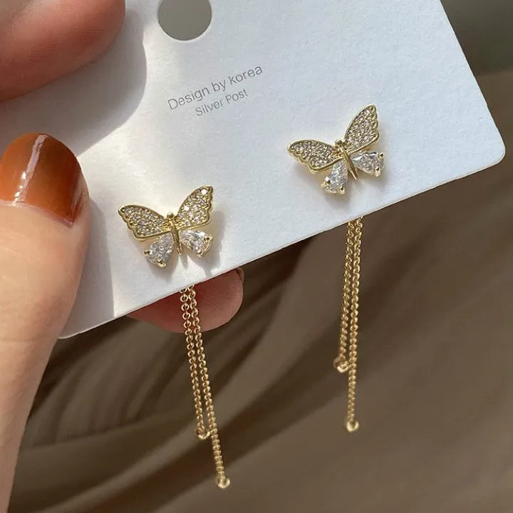 S925 Silver Needle A Two-wear Butterfly Earrings Super Fairy Tassel Long Earrings Summer Fresh Earrings