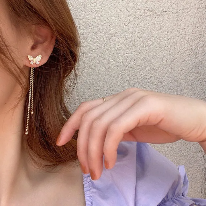 S925 Silver Needle A Two-wear Butterfly Earrings Super Fairy Tassel Long Earrings Summer Fresh Earrings