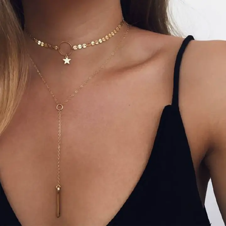 Gold Silver Sequins Long Tassel Star Choker Necklace Accessories For Women Jewelry Double Layer Chokers