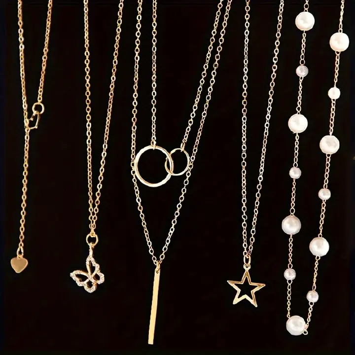 【5 Necklaces】Hot selling multi-layer necklace fashionable and versatile five-pointed star circle butterfly heart pearl necklace 5-piece set