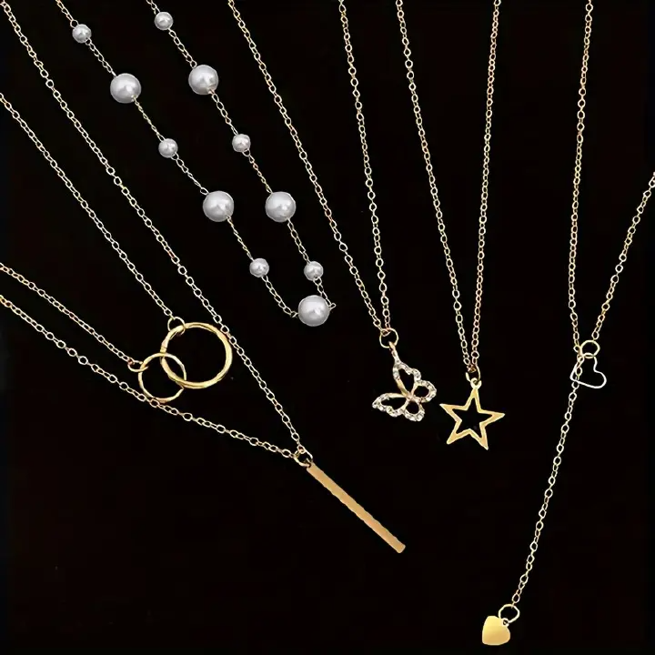 【5 Necklaces】Hot selling multi-layer necklace fashionable and versatile five-pointed star circle butterfly heart pearl necklace 5-piece set