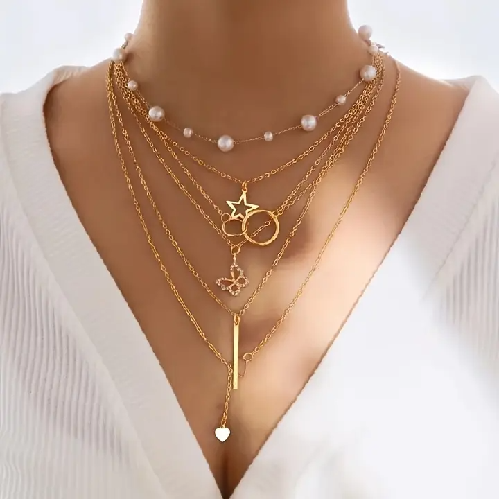 【5 Necklaces】Hot selling multi-layer necklace fashionable and versatile five-pointed star circle butterfly heart pearl necklace 5-piece set