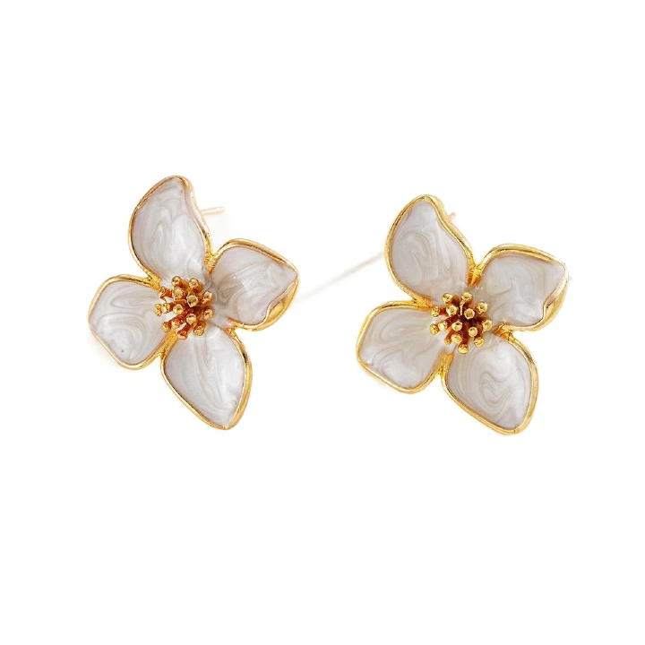 French Ins Retro Drip Glaze Milk White Flower Earrings Three-Dimensional Small Flower Stud Earrings Personality Temperament Drip Earrings