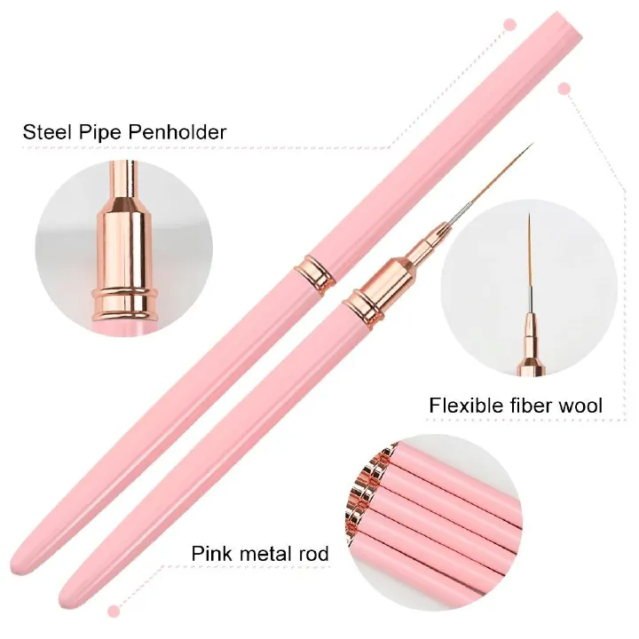 5Pcs/set 7/10/12/15/20mm Pink French Nail Art Liner Painting Brush Ultra-thin Elongated Lines Nail Drawing Pen Brush DIY Manicure False Nails Accessories