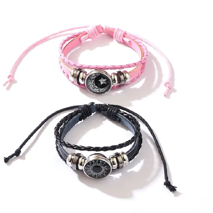 2pcs Fashion Sun Moon Couple Leather Bracelet Noctilucent Handmad Weave Retro Punk Bracelets Valentine's Day Couple Jewelry