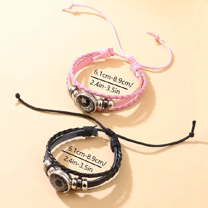 2pcs Fashion Sun Moon Couple Leather Bracelet Noctilucent Handmad Weave Retro Punk Bracelets Valentine's Day Couple Jewelry