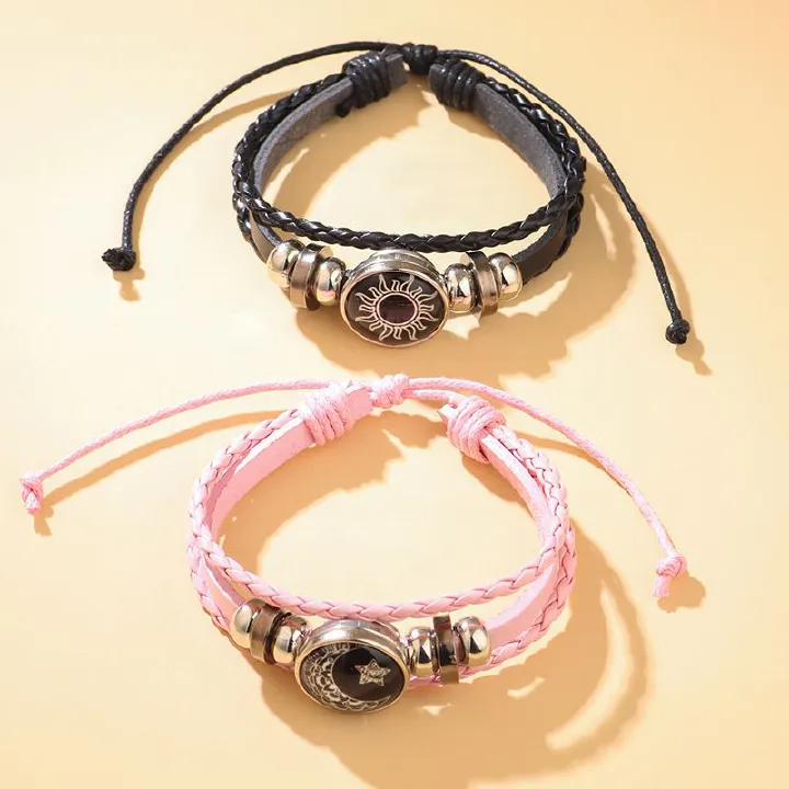 2pcs Fashion Sun Moon Couple Leather Bracelet Noctilucent Handmad Weave Retro Punk Bracelets Valentine's Day Couple Jewelry
