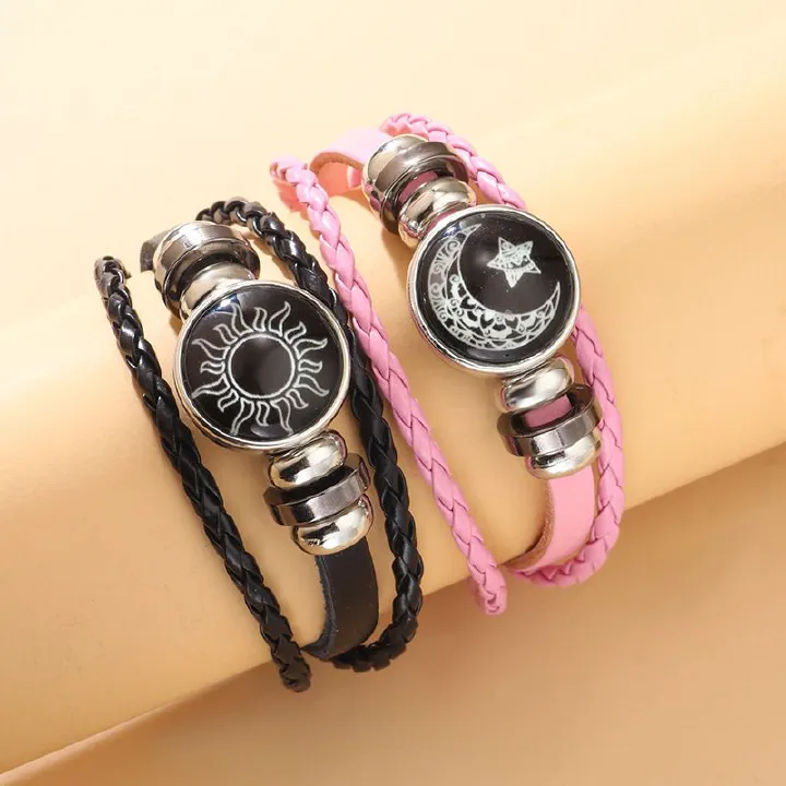 2pcs Fashion Sun Moon Couple Leather Bracelet Noctilucent Handmad Weave Retro Punk Bracelets Valentine's Day Couple Jewelry
