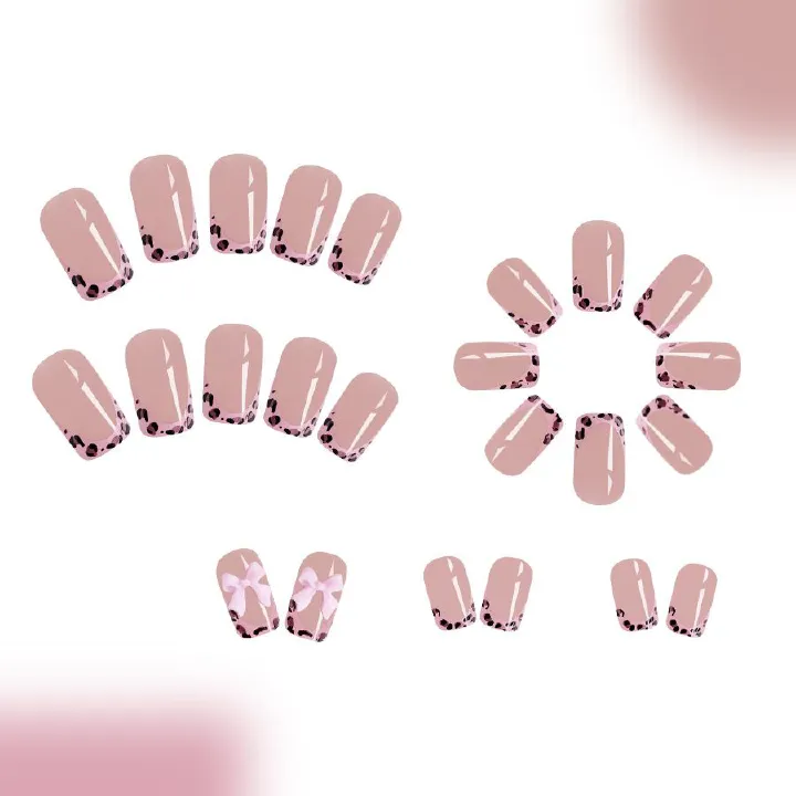 24pcs Square French Tip Wearable Fake Nails Reusable Stick On Nails Press on Full Cover False Nail Tips with Jelly Stickers Makeup Accessories Nail Art Bowknot