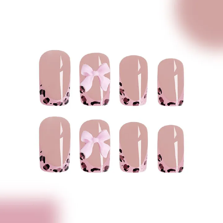 24pcs Square French Tip Wearable Fake Nails Reusable Stick On Nails Press on Full Cover False Nail Tips with Jelly Stickers Makeup Accessories Nail Art Bowknot