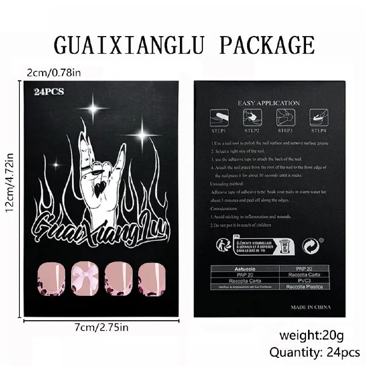 24pcs Square French Tip Wearable Fake Nails Reusable Stick On Nails Press on Full Cover False Nail Tips with Jelly Stickers Makeup Accessories Nail Art Bowknot