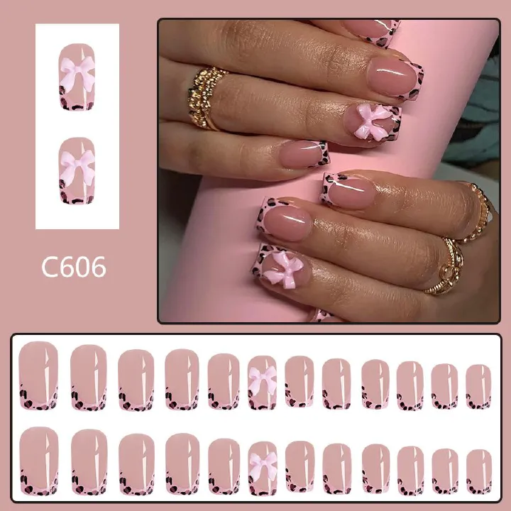24pcs Square French Tip Wearable Fake Nails Reusable Stick On Nails Press on Full Cover False Nail Tips with Jelly Stickers Makeup Accessories Nail Art Bowknot