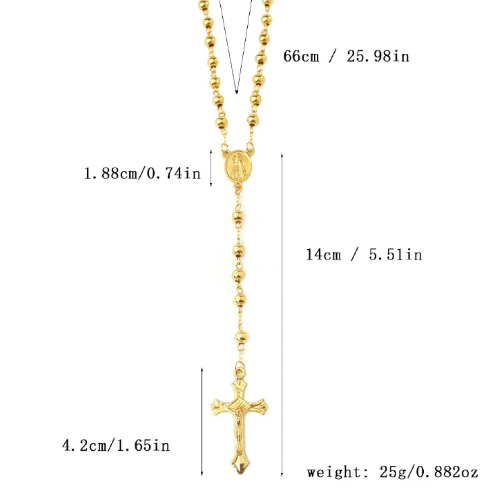 New Gold-Plated 6Mm Imitation Gold Iron Bead Rosary Long Necklace Exquisite Cross Pendant Round Bead Men'S And Women'S Necklace