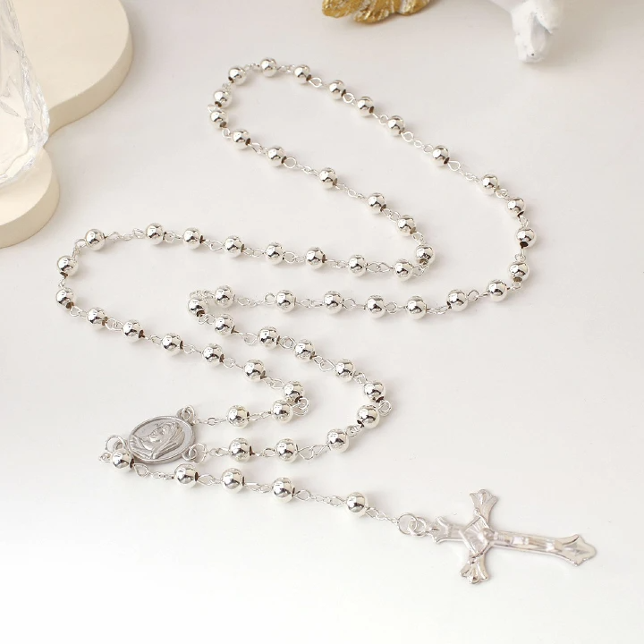 New Gold-Plated 6Mm Imitation Gold Iron Bead Rosary Long Necklace Exquisite Cross Pendant Round Bead Men'S And Women'S Necklace
