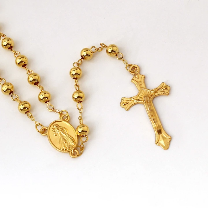 New Gold-Plated 6Mm Imitation Gold Iron Bead Rosary Long Necklace Exquisite Cross Pendant Round Bead Men'S And Women'S Necklace