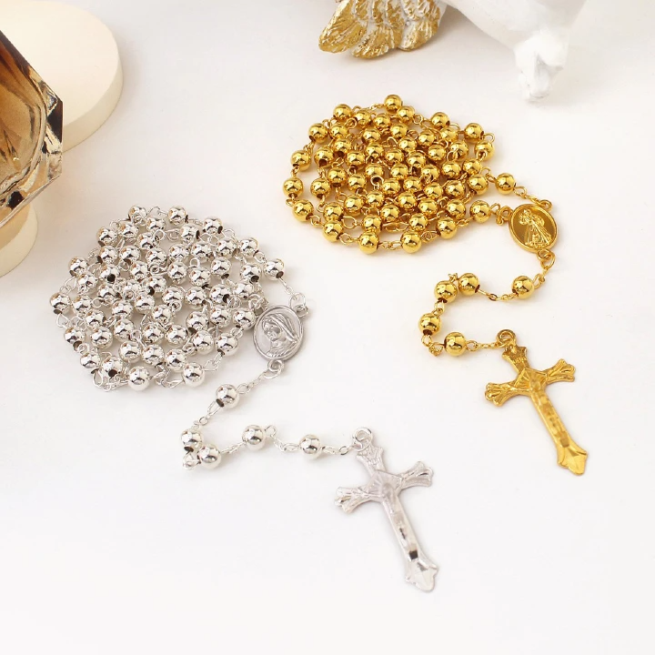 New Gold-Plated 6Mm Imitation Gold Iron Bead Rosary Long Necklace Exquisite Cross Pendant Round Bead Men'S And Women'S Necklace