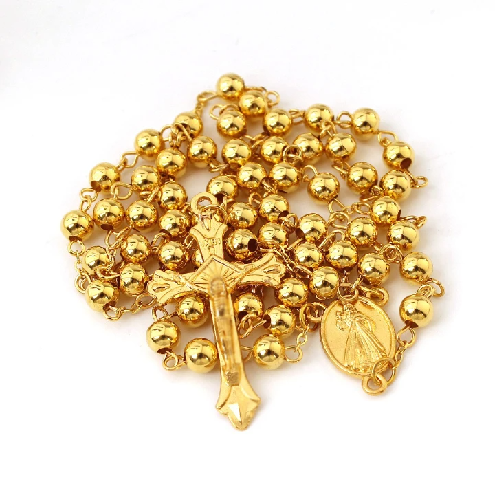 New Gold-Plated 6Mm Imitation Gold Iron Bead Rosary Long Necklace Exquisite Cross Pendant Round Bead Men'S And Women'S Necklace