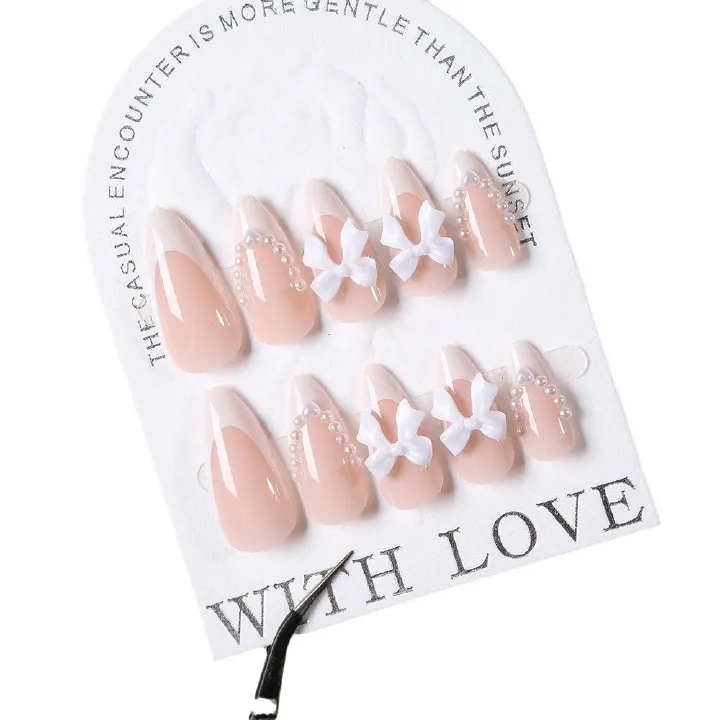 24Pcs Short Almond White Bowknot French Press on Nails Sweet Bow Pearl Design Acrylic Fake Nails Full Cover French False Nail