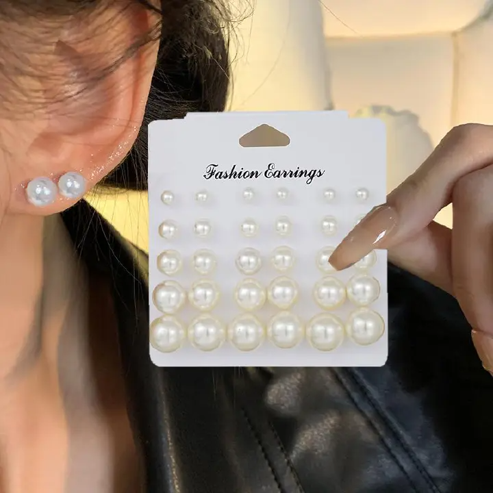 [15-Piece Set] Hot-Selling Paper Card Retro Imitation Pearl Stud Earrings Niche 15 Pairs Of Combination Card Earrings Set For Women