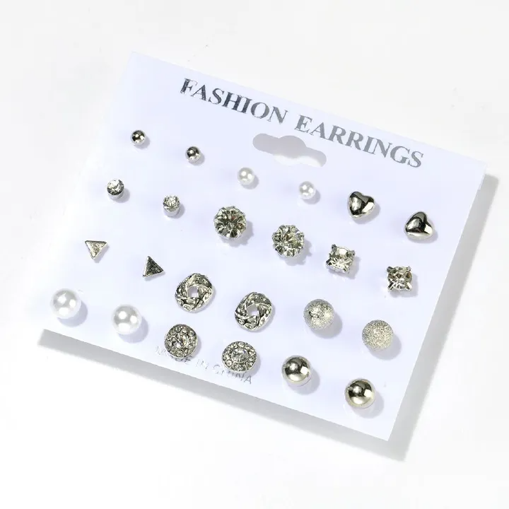 Crystal Pearl Heart Moon Infinity Silver Stud Earring Set Lady Goldplated Hoop Earrings Accessories For Women