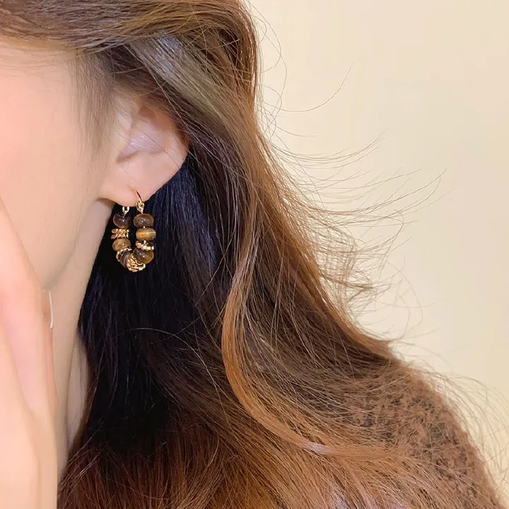 New style hot selling retro melad tiger eye stone earrings, lightweight beaded drop earrings, versatile ear studs and ear accessories for autumn and winter