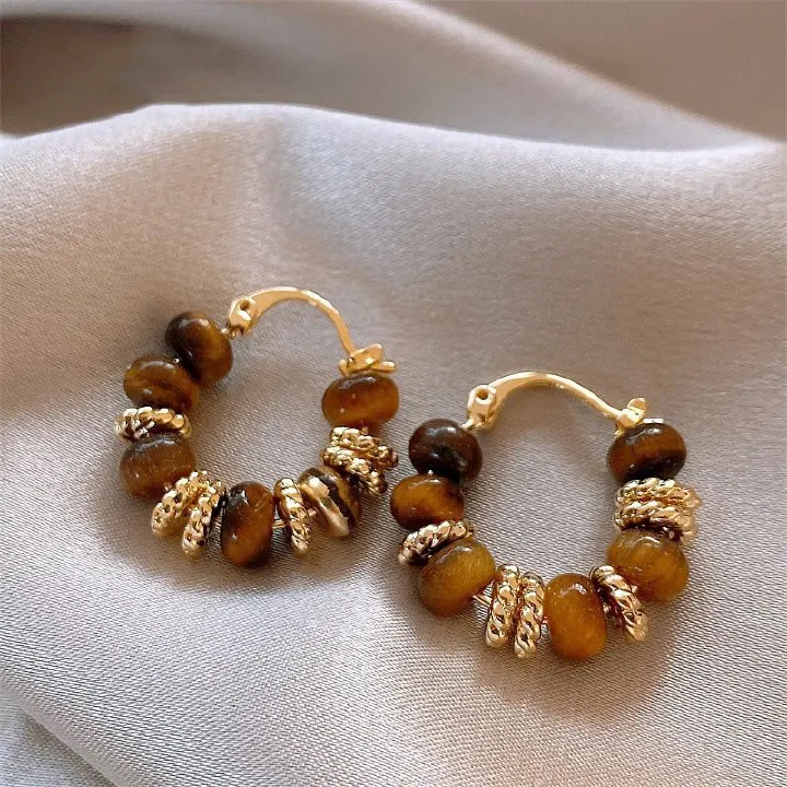 New style hot selling retro melad tiger eye stone earrings, lightweight beaded drop earrings, versatile ear studs and ear accessories for autumn and winter