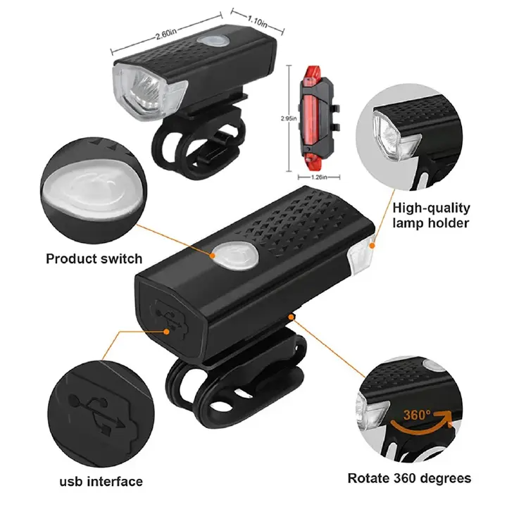 Bike Lights Set USB LED Rechargeable Waterproof Mountain Bike Headlight Bicycle Light Front Warning Cycling Accessorie