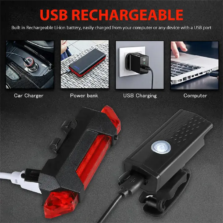 Bike Lights Set USB LED Rechargeable Waterproof Mountain Bike Headlight Bicycle Light Front Warning Cycling Accessorie