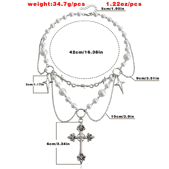 Double-Layer High-Gloss Pearl Tassel Cross Star Cross Necklace For Women