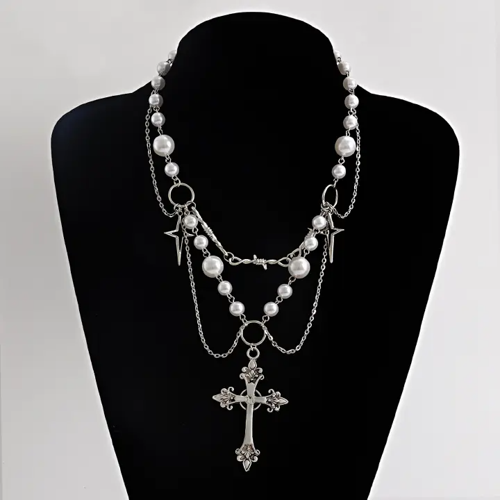 Double-Layer High-Gloss Pearl Tassel Cross Star Cross Necklace For Women