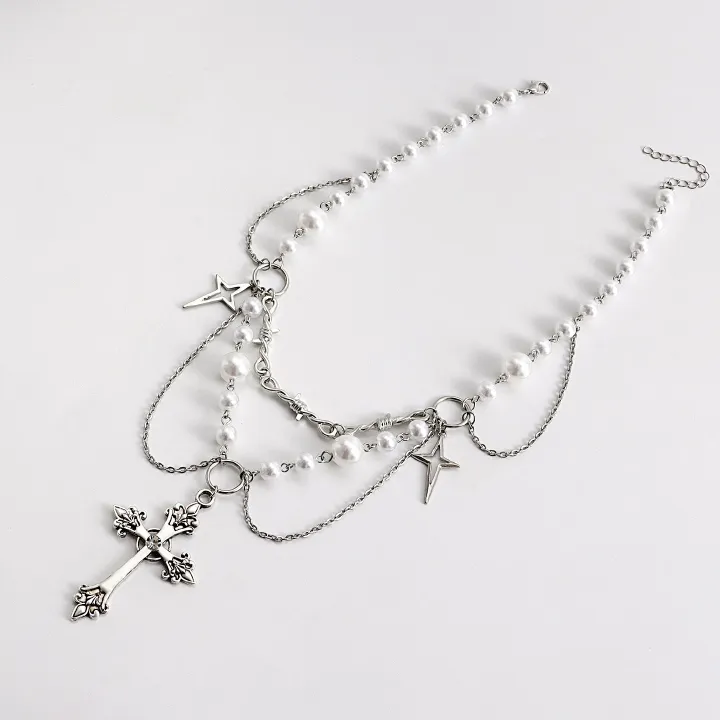 Double-Layer High-Gloss Pearl Tassel Cross Star Cross Necklace For Women