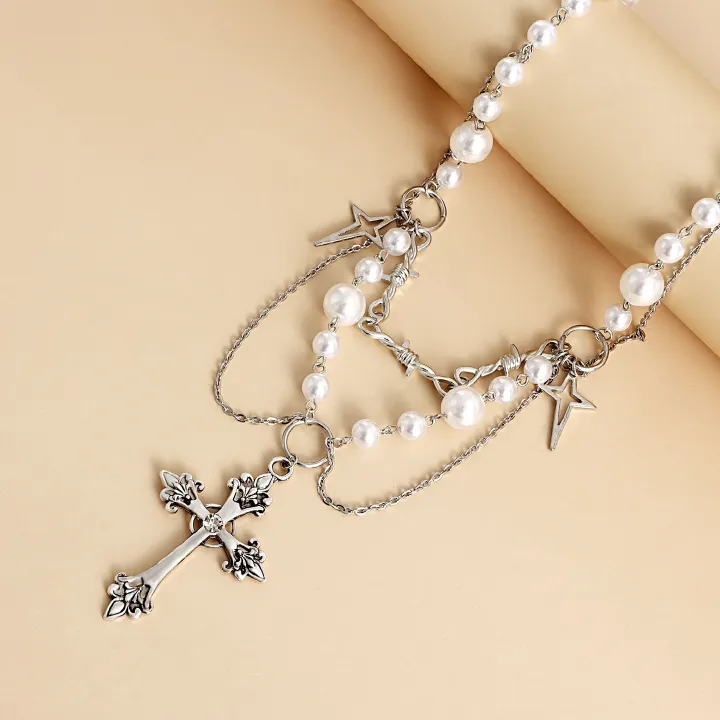 Double-Layer High-Gloss Pearl Tassel Cross Star Cross Necklace For Women