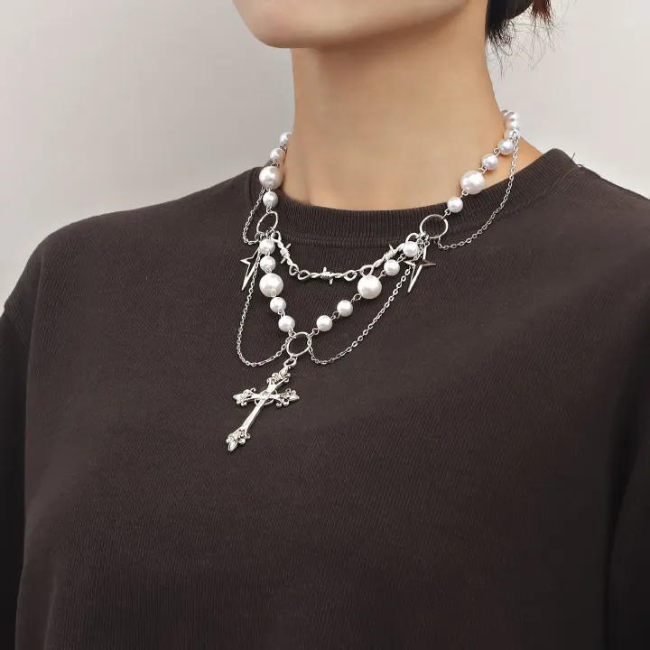 Double-Layer High-Gloss Pearl Tassel Cross Star Cross Necklace For Women