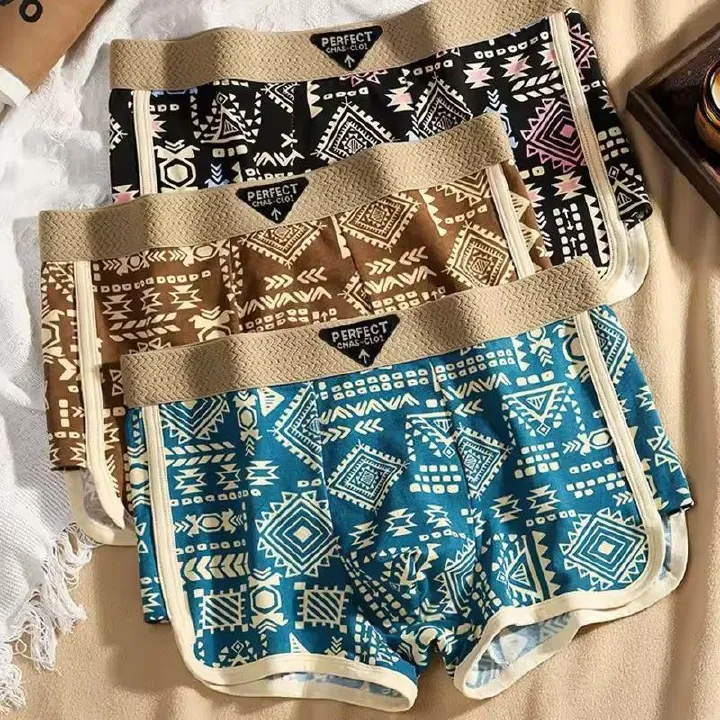 3PCS/SET Men's Underwear American Retro Ethnic Style Flat Leg Pants Breathable Soft Men Underpant Trendy Men's Boxer Shorts